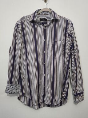 Bugatchi Uomo Large Mens Striped Button Up Shirt 100% Cotton Stitch Collar L